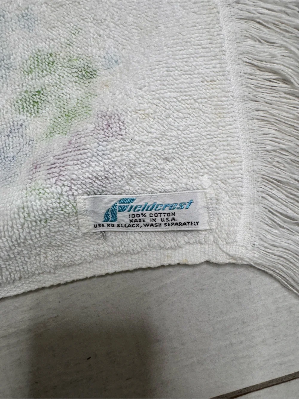 Vintage FieldCrest Towel Flower Power, Blue, Greens, And Purple Fringe 23.5”x40